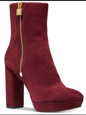 Michael Kors Burgundy Suede Platform Ankle Boots with Gold Zip Accent (8)